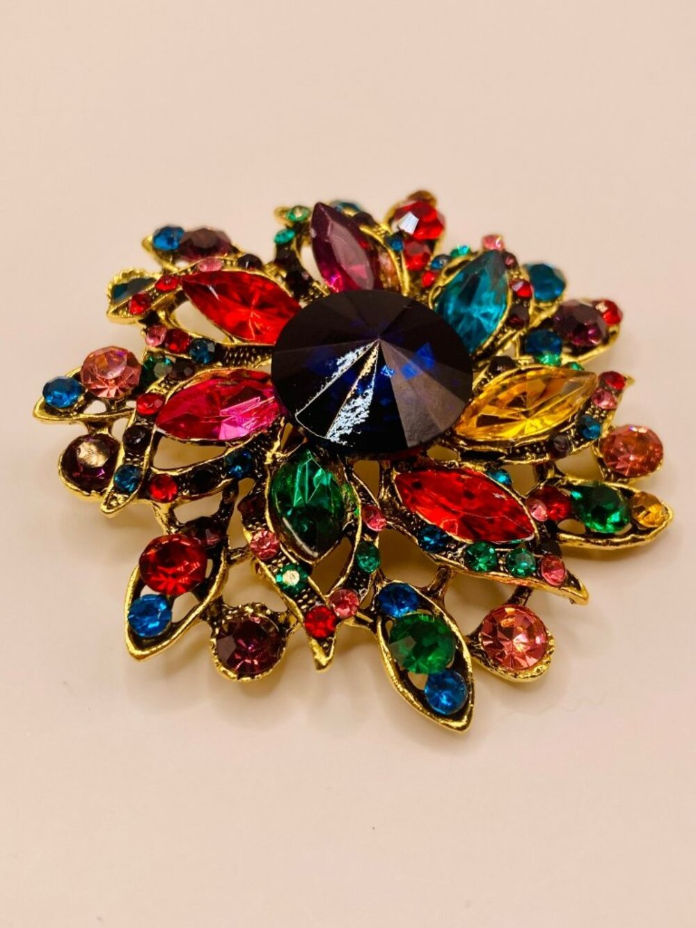 Gold-Tone Multicolor Rhinestone Flower Brooch Pin -112B